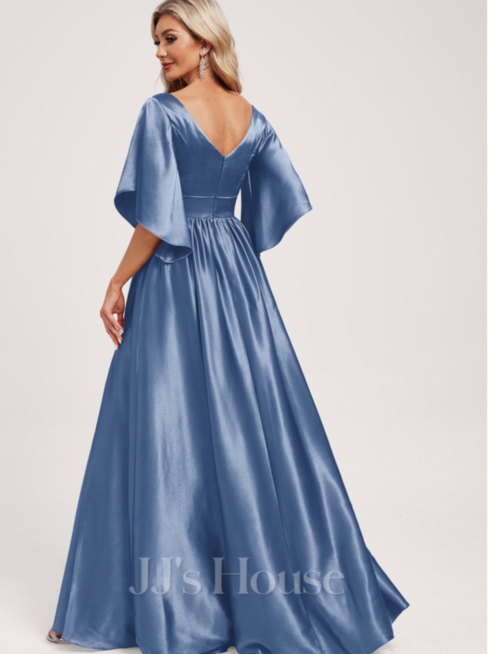 JJ's House Dusty Blue Satin V-Back Maxi Dress